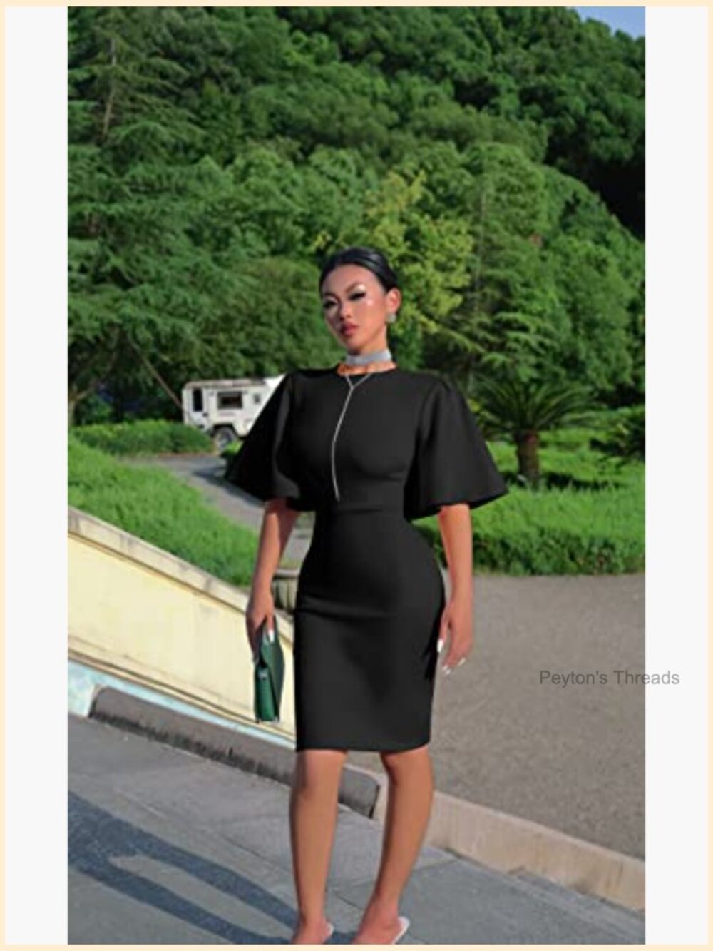 Women's Bodycon Ruffle Flared Short Sleeve Pencil Midi Dress - Picture 2 of 7